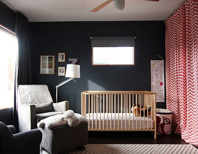 Dark Gray Nursery with Red and White Chevron Curtains