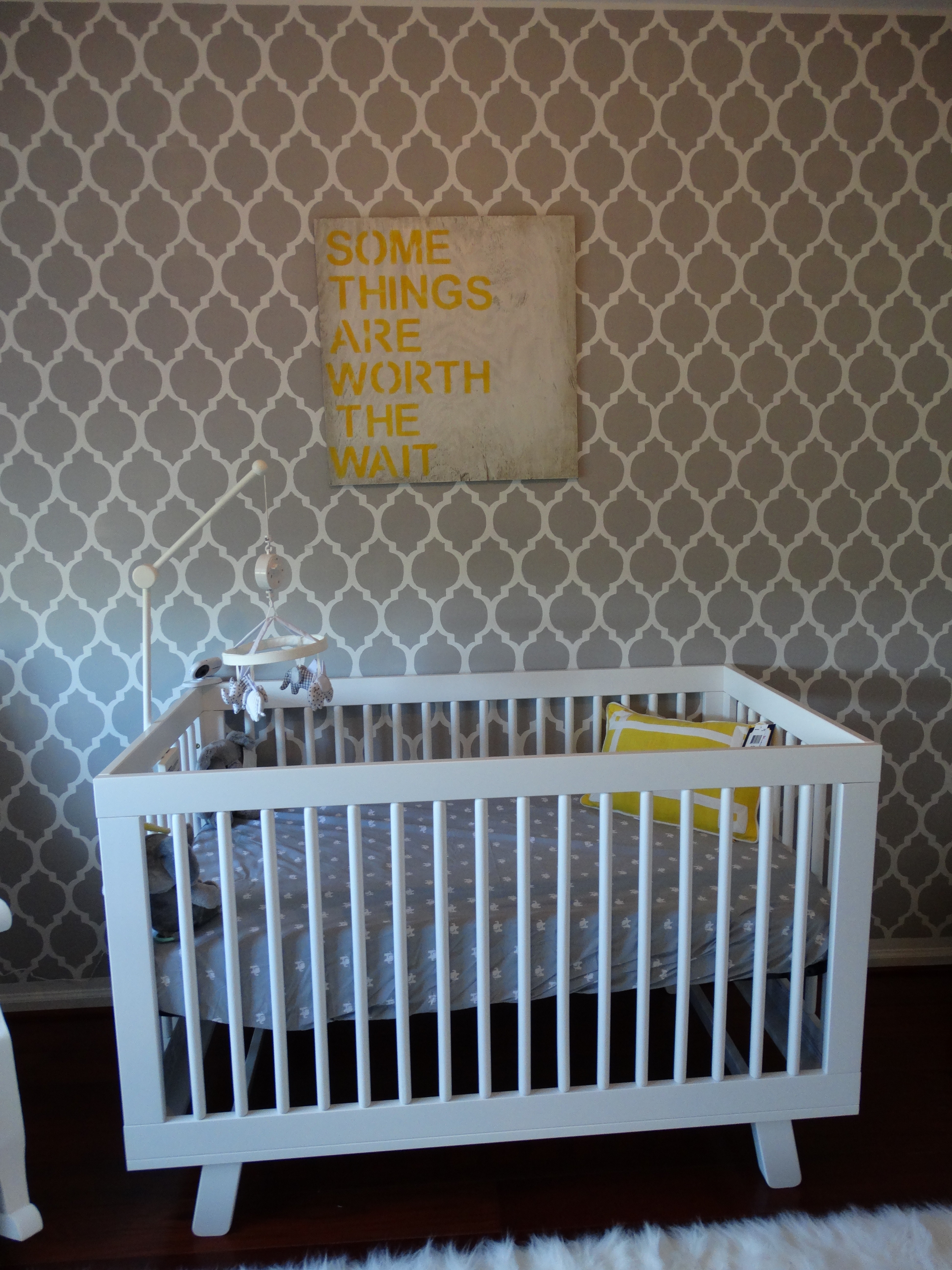 Gray and White Trellis Wallpaper Accent Wall