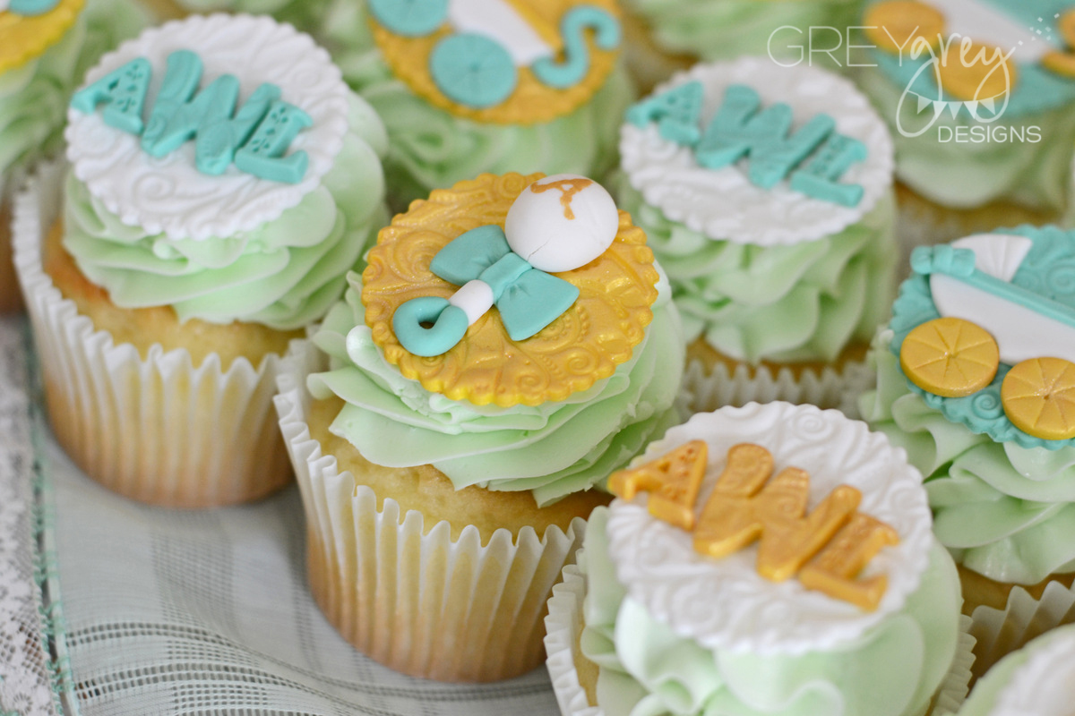 Mint Monogram Baby Shower Cupcakes