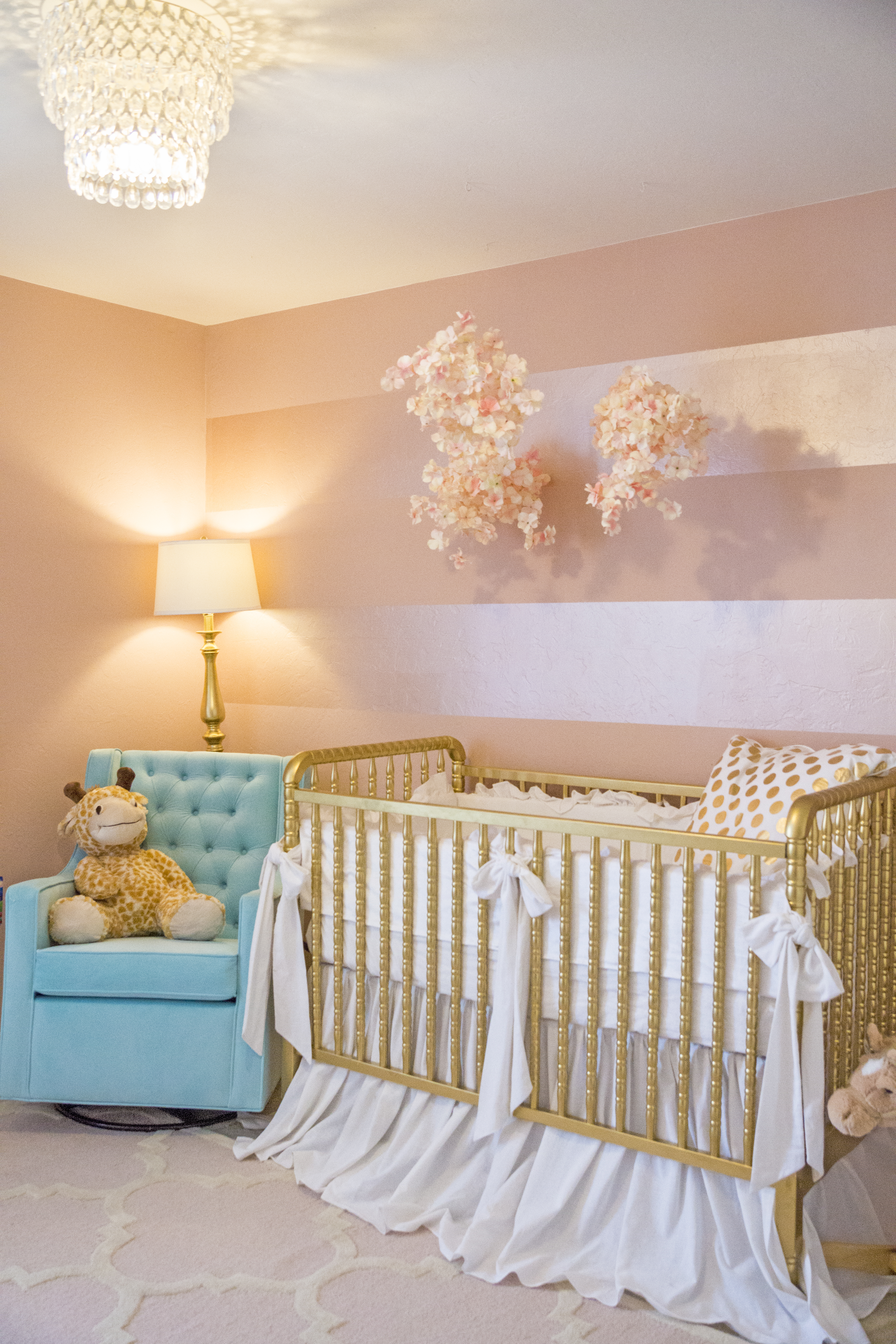 Pink and Gold Nursery with Metallic Stripes on Accent Wall