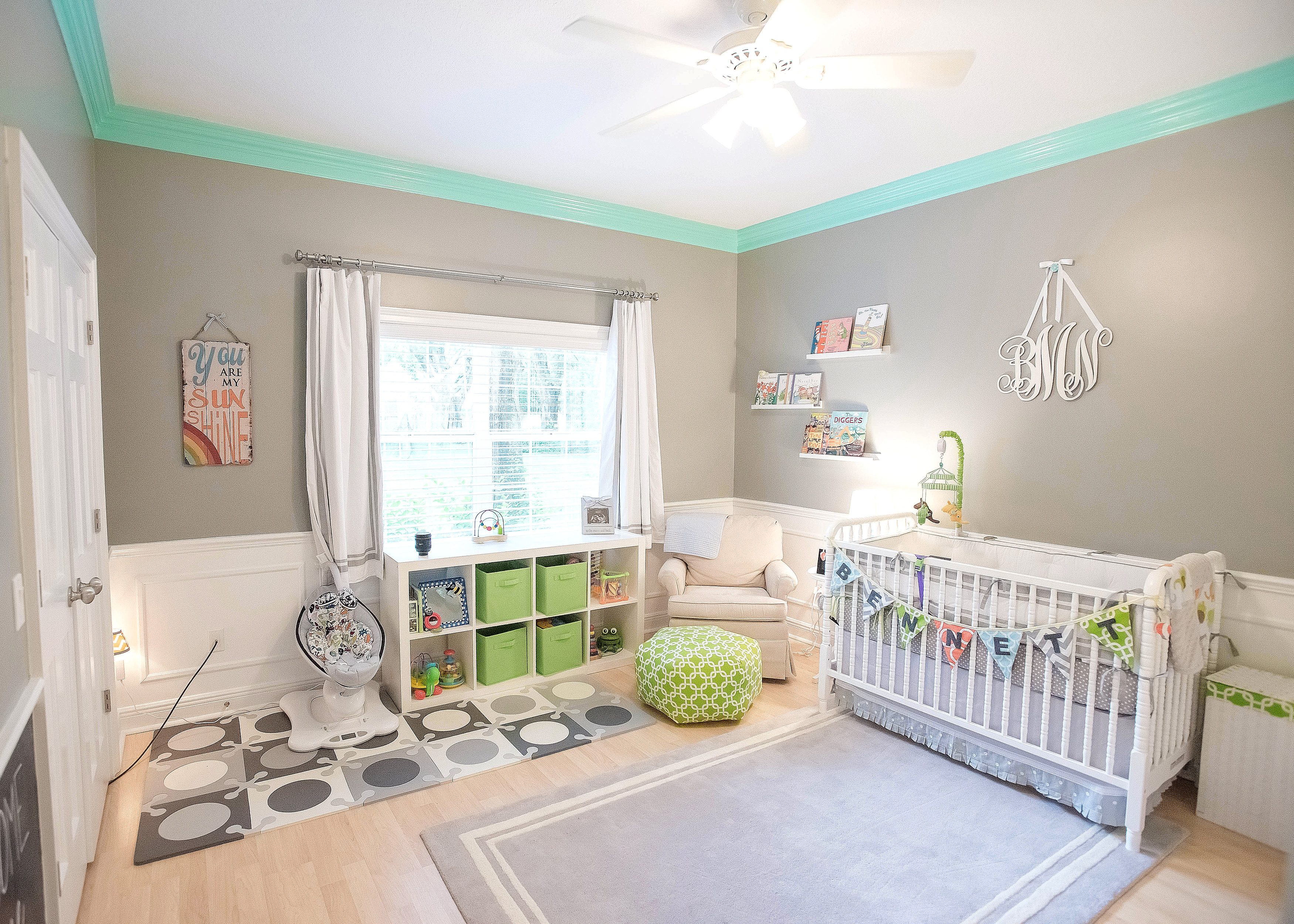 Gray, White, Teal and Lime Green Nursery