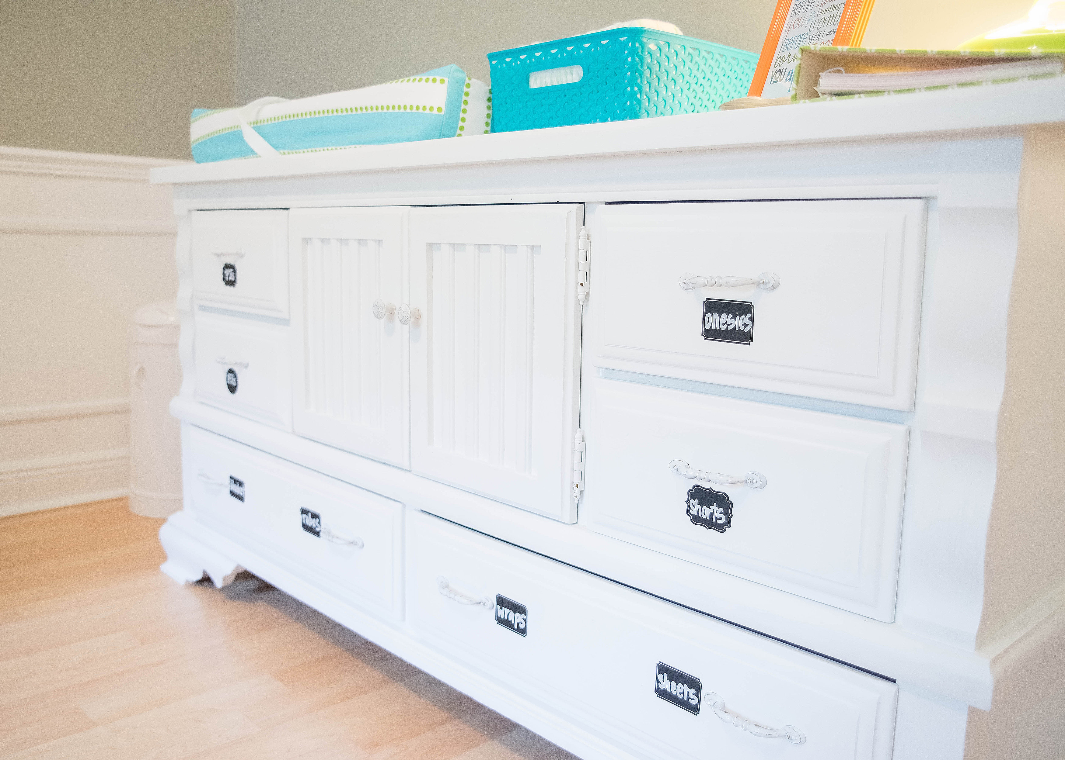 Refinished Dresser with Chalkboard Labels for Each Drawer
