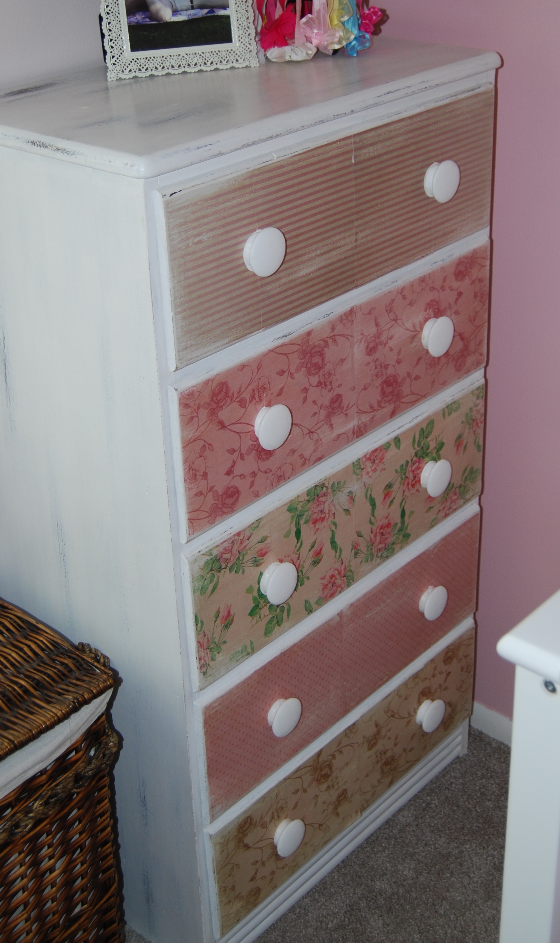 Refinished Shabby Chic Dresser Using Scrapbook Paper on the Drawer Fronts