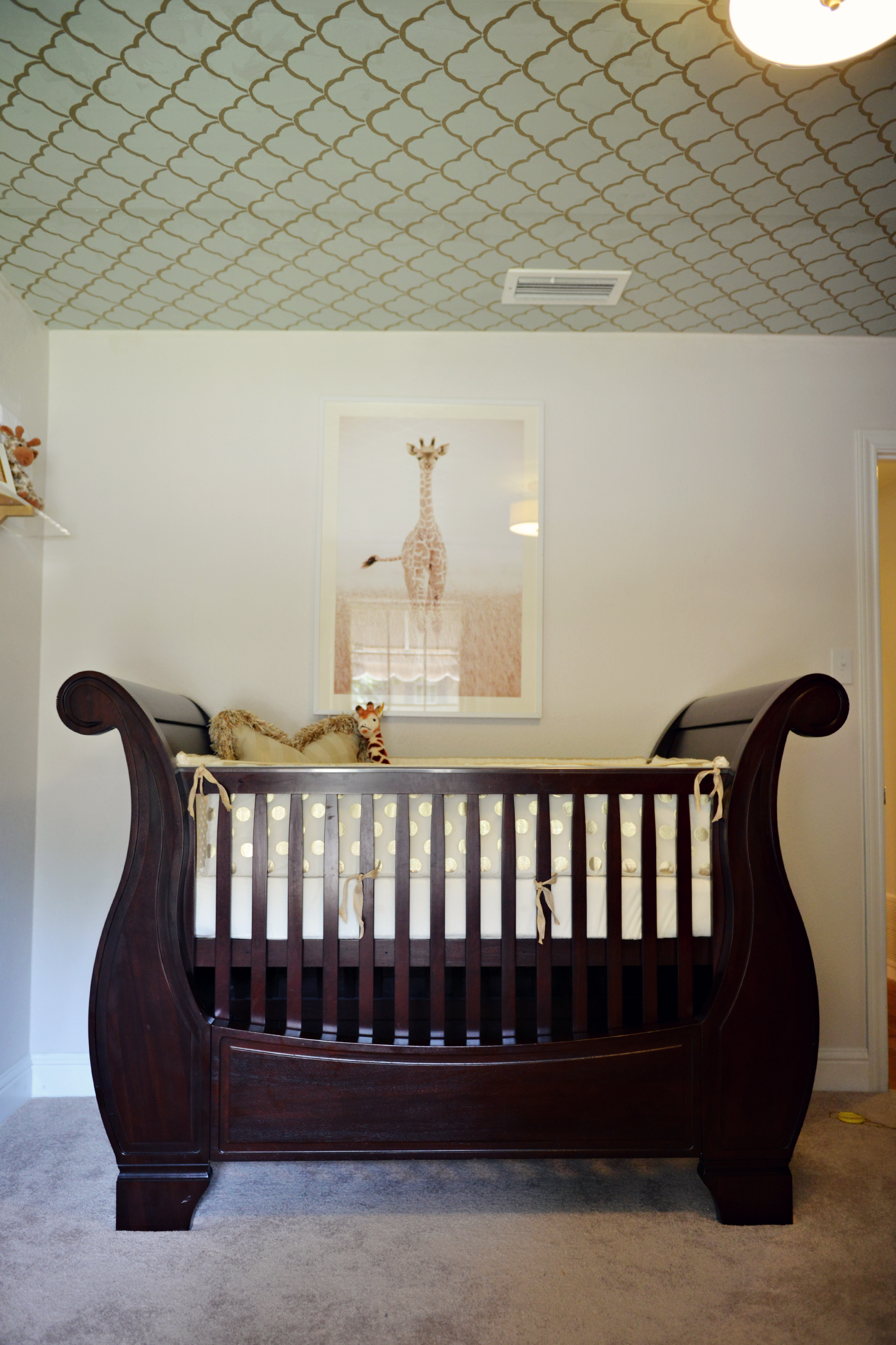 White and Gold Trellis Wallpaper Used on the Ceiling