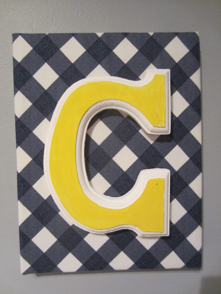 Painted Wooden Letter Stapled to Fabric Covered Canvas