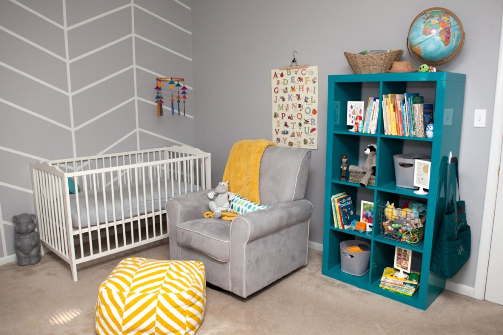 Gray, Teal and Yellow Nursery with Modern Herringbone Accent Wall - Project Nursery