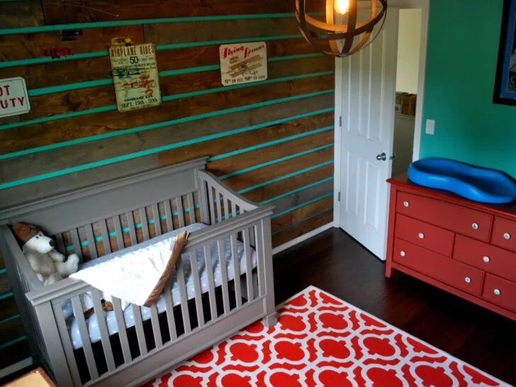 Vintage Travel and Airplane Nursery with Custom Wood Accent Wall