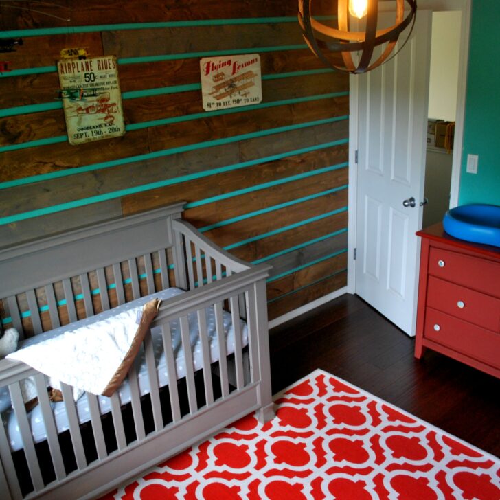 Vintage Travel and Airplane Nursery with Custom Wood Accent Wall