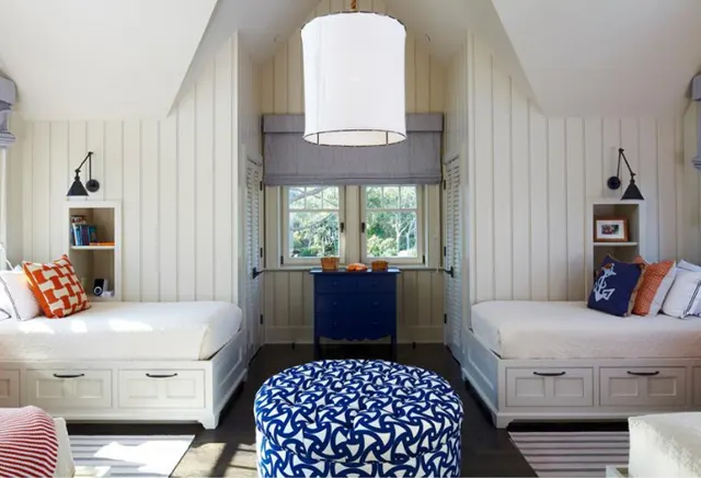 Shared Bedroom with Blue Patterned Ottoman
