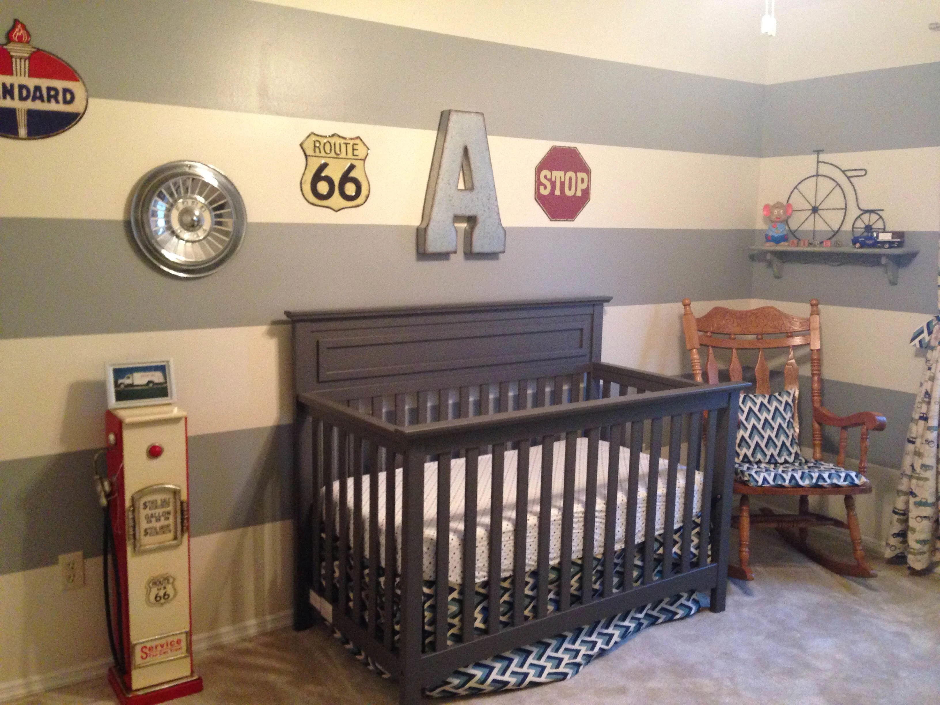 Vintage Car Themed Nursery with Striped Accent Wall