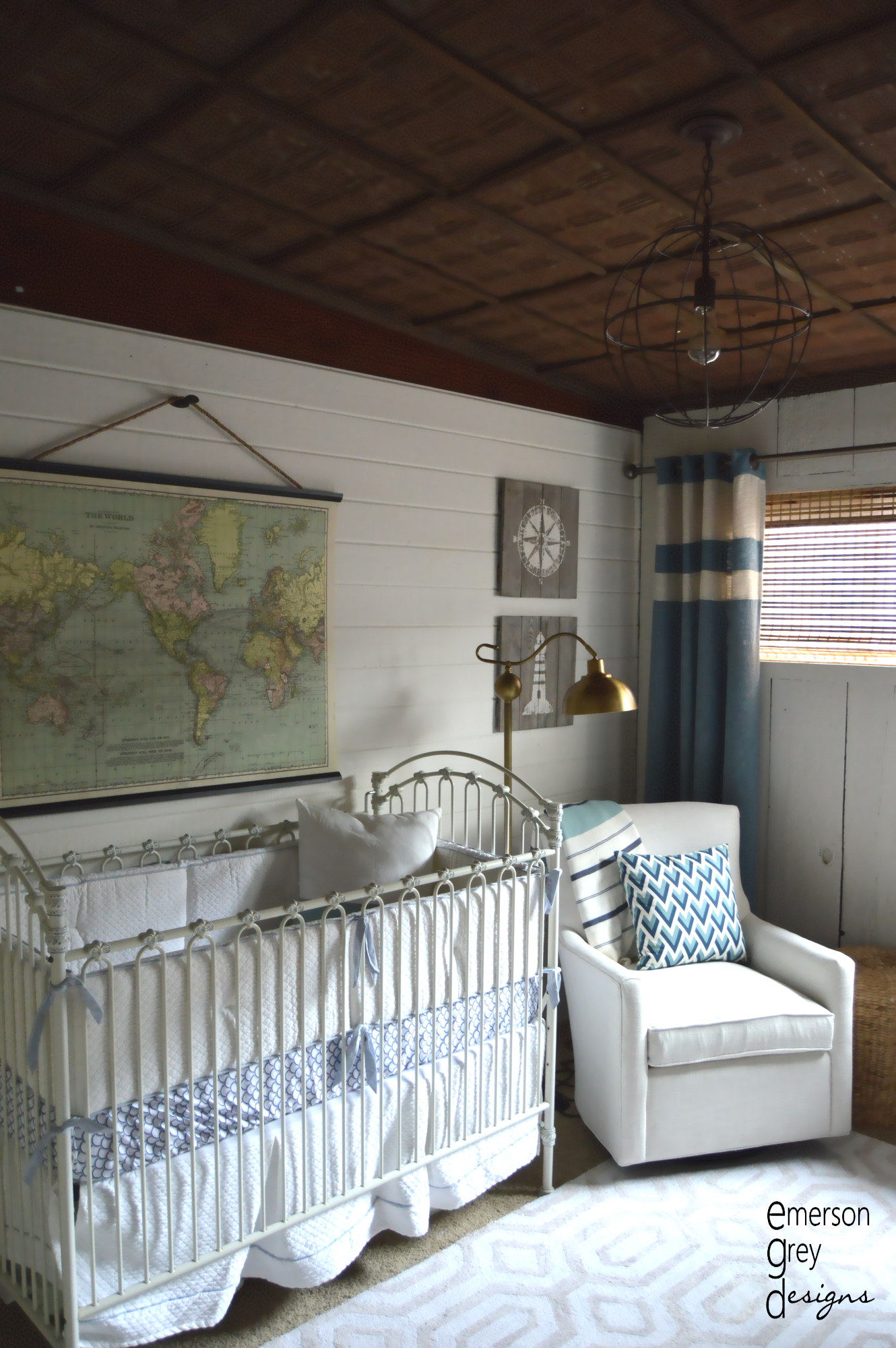 Tin Ceiling and Globe Pendant in this Nautical Nursery