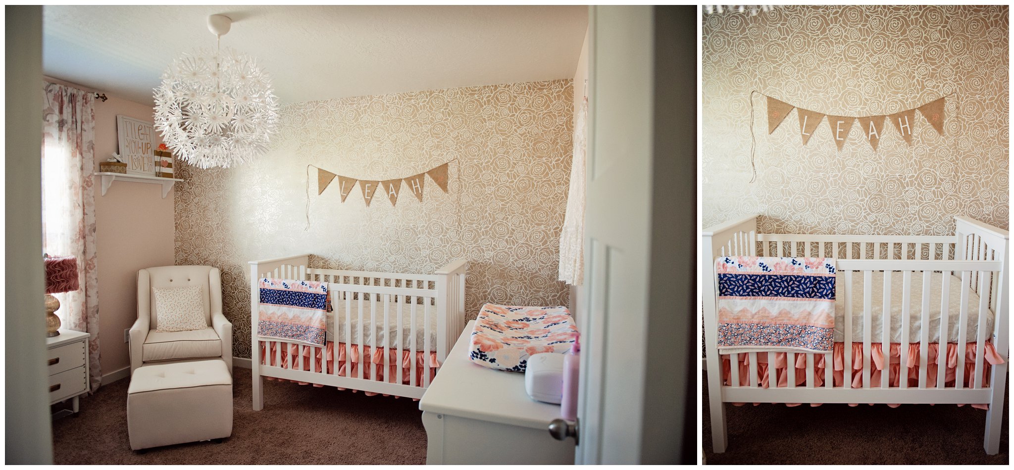 Rose, Peach and Gold Nursery with Rose Stenciled Accent Wall