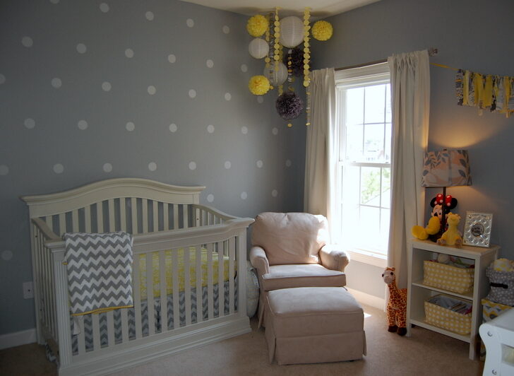 Yellow and Gray Nursery with Polka Dot Accent Wall