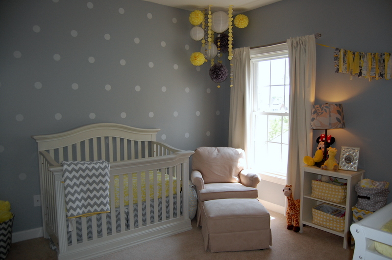 Yellow and Gray Nursery with Polka Dot Accent Wall