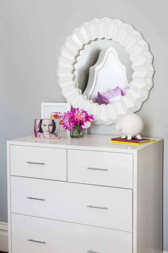 White mirror and Dresser in girl's room