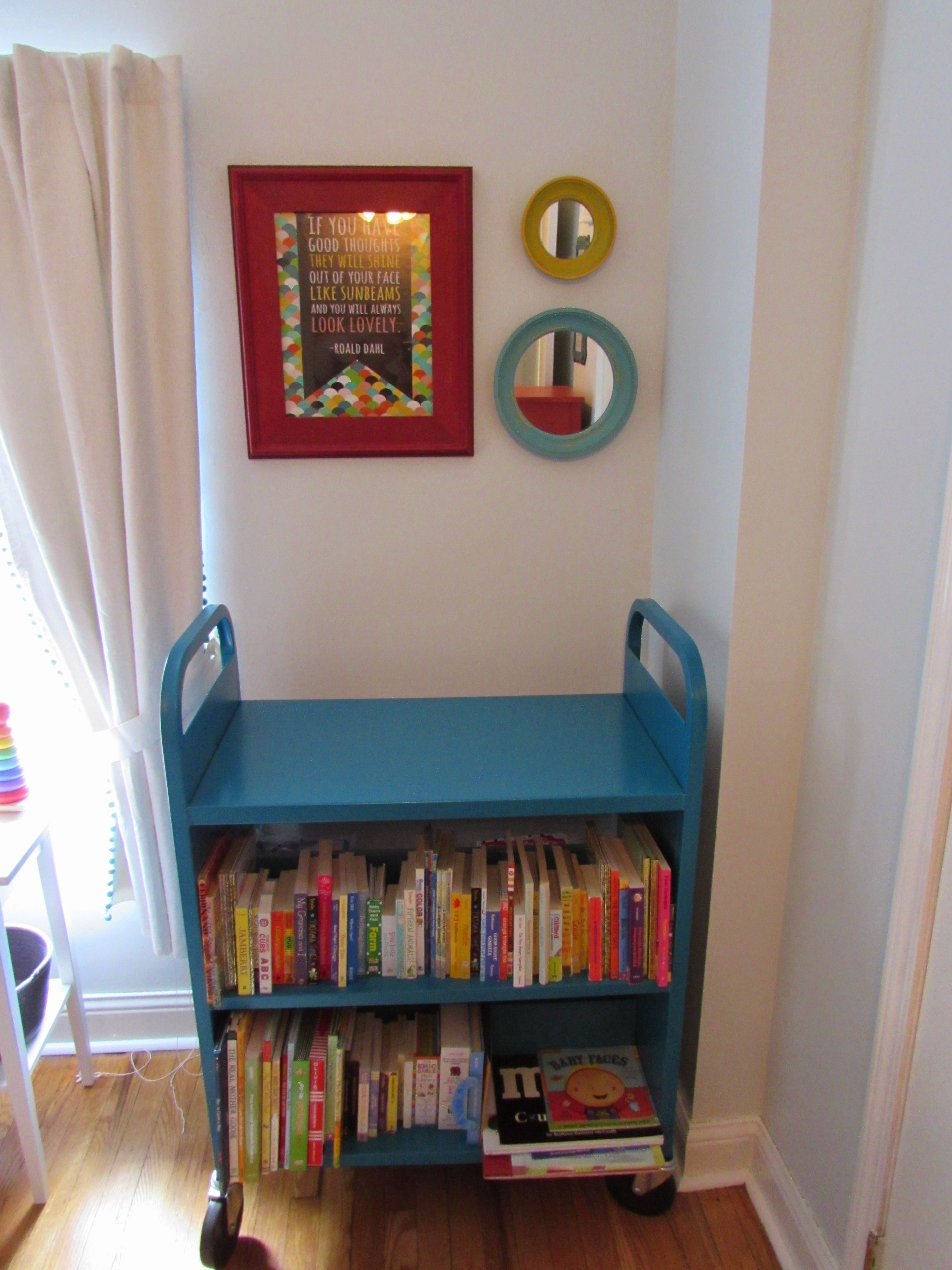 Spray Painted Library Cart for Holding Books in the Nursery