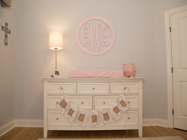Circular Wooden Monogram in this Pink and Gray Nursery
