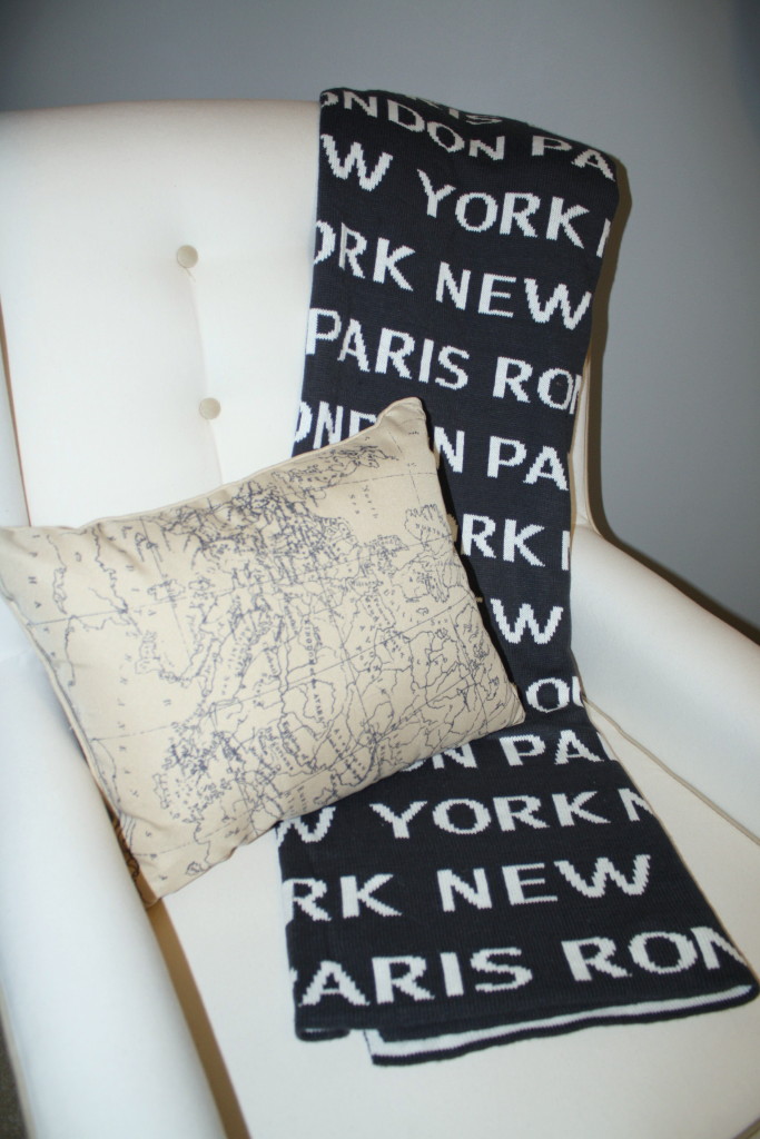 Map Pillow and Cities Throw Blanket for this Travel Themed Nursery