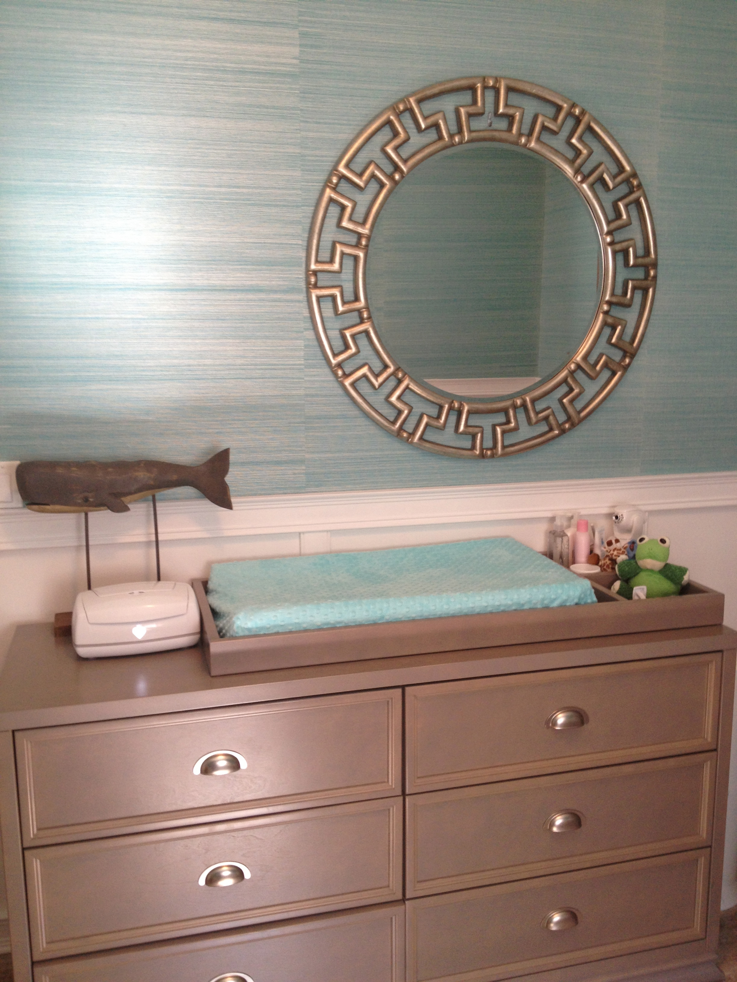 Blue Grasscloth Wall Paper in this Coastal Inspired Nursery