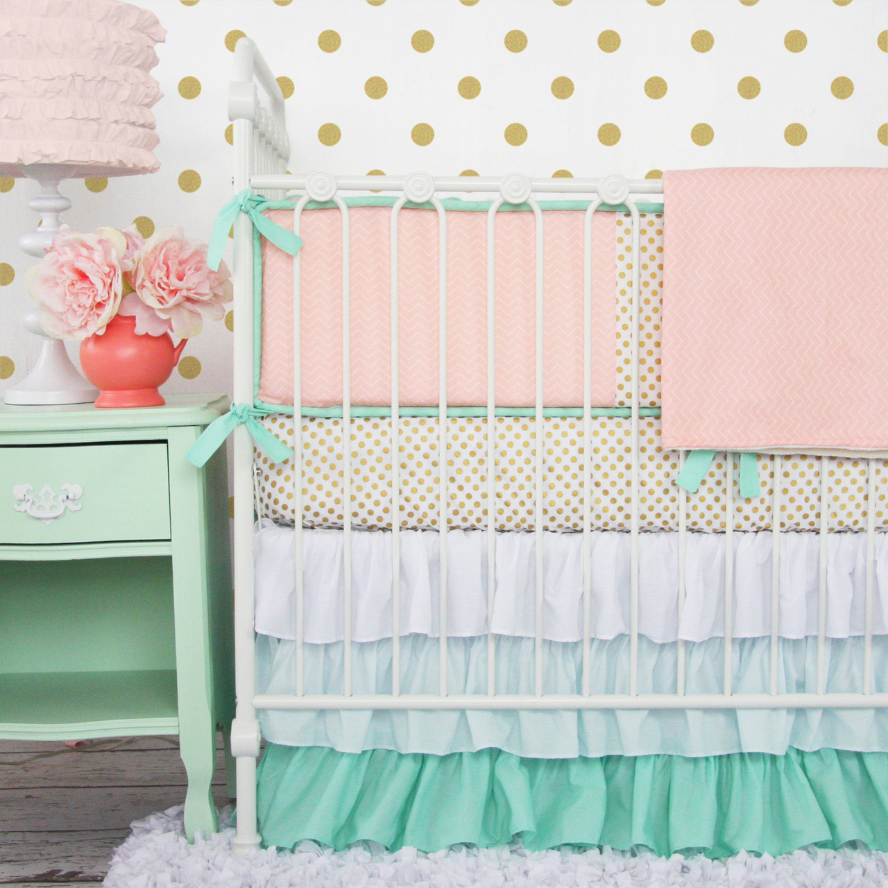 Mint and Coral Chevron Baby Bedding from Caden Lane