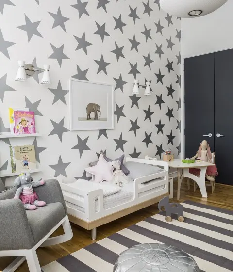 Shared Kids Room with Silver Star Wallpaper - Project Junior