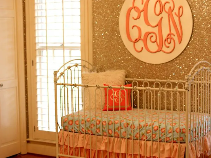 Glitter Wallpaper Accent Wall with Monogram