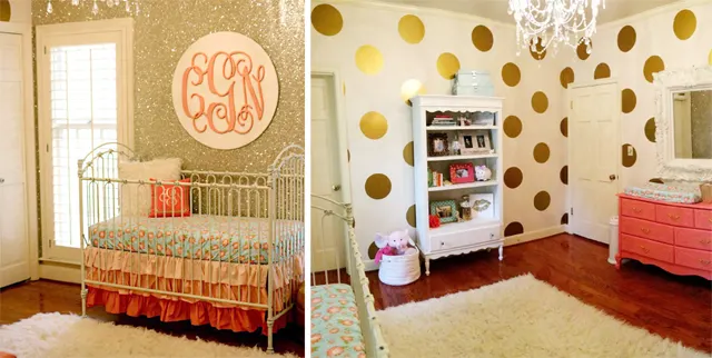 Gold Glitter Accent Wall and Polka Dot Decals - Project Nursery