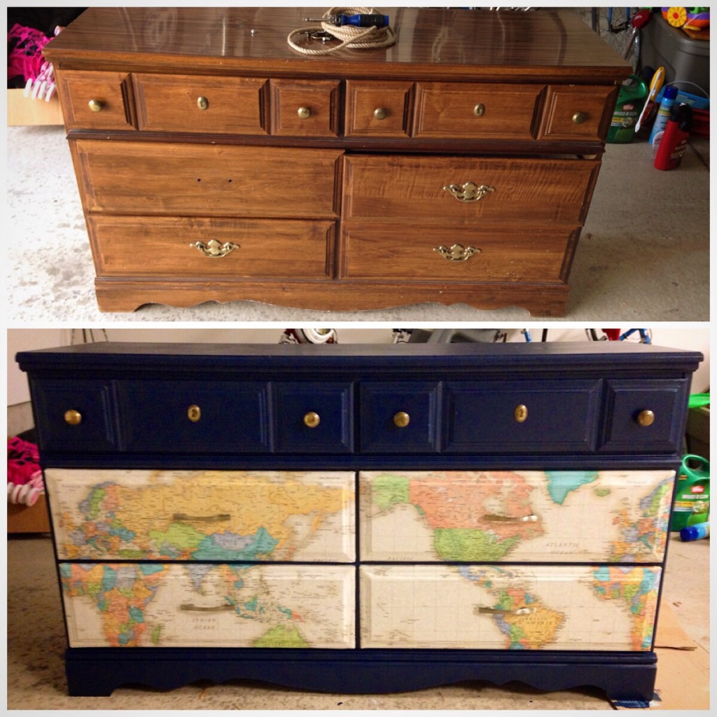 Maps Mod Podged on Dresser Drawer Fronts