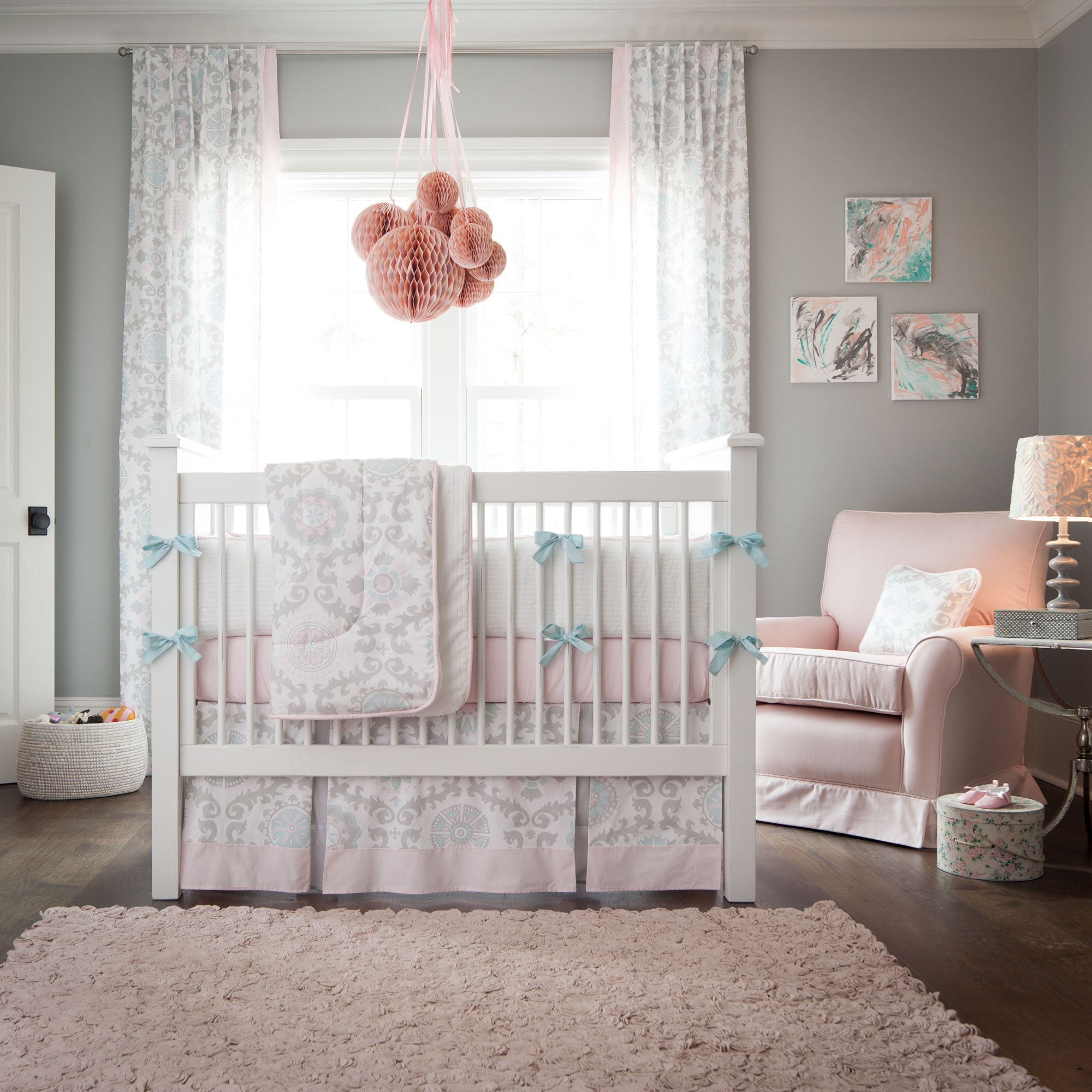 Pink and Gray Crib Bedding from Carousel Designs