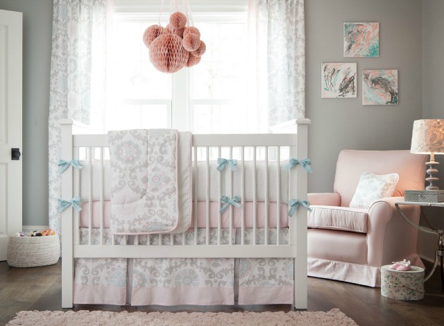 Pink and Gray Crib Bedding Set from Carousel Designs