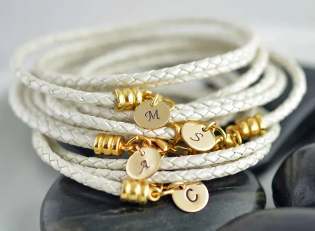 silver braided leather initial bracelet