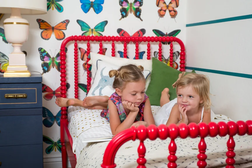 Colorful Shared Girls Room with Butterfly Wallpaper