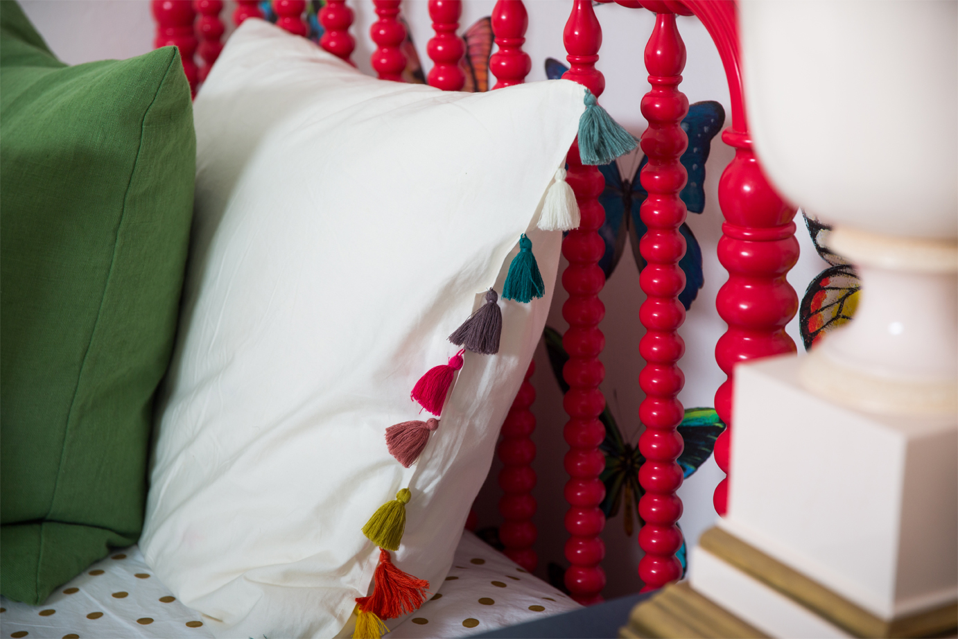 Red Jenny Lind Twin Bed and Pillow with Pom Pom Trim