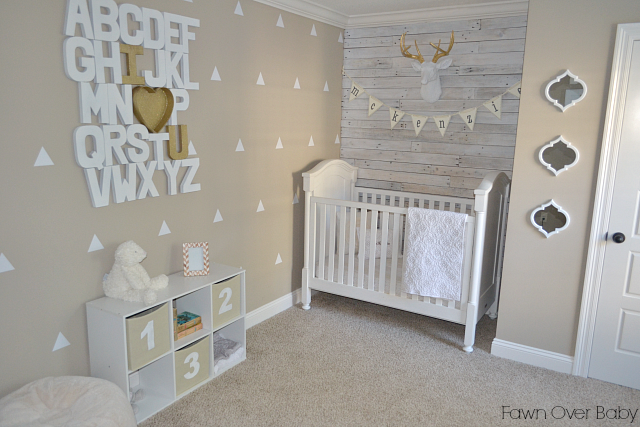 Neutral Nursery with Alphabet all and White Deer Head with Gold Antlers