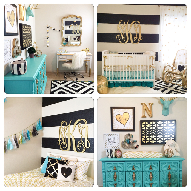 Gold Accents in this Black and Gold Gallery Wall in this Turquoise Dresser in this Black, White, Gold and Aqua Nursery