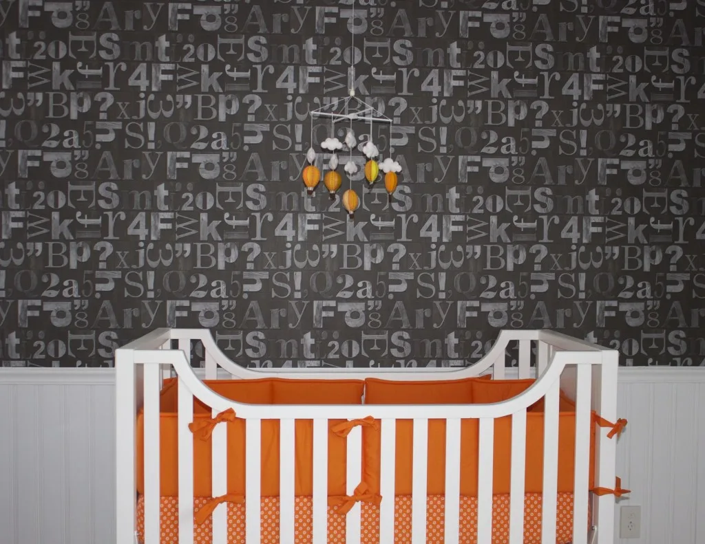 Gray Alphanumeric Wallpaper and Orange Crib Bedding - Project Nursery