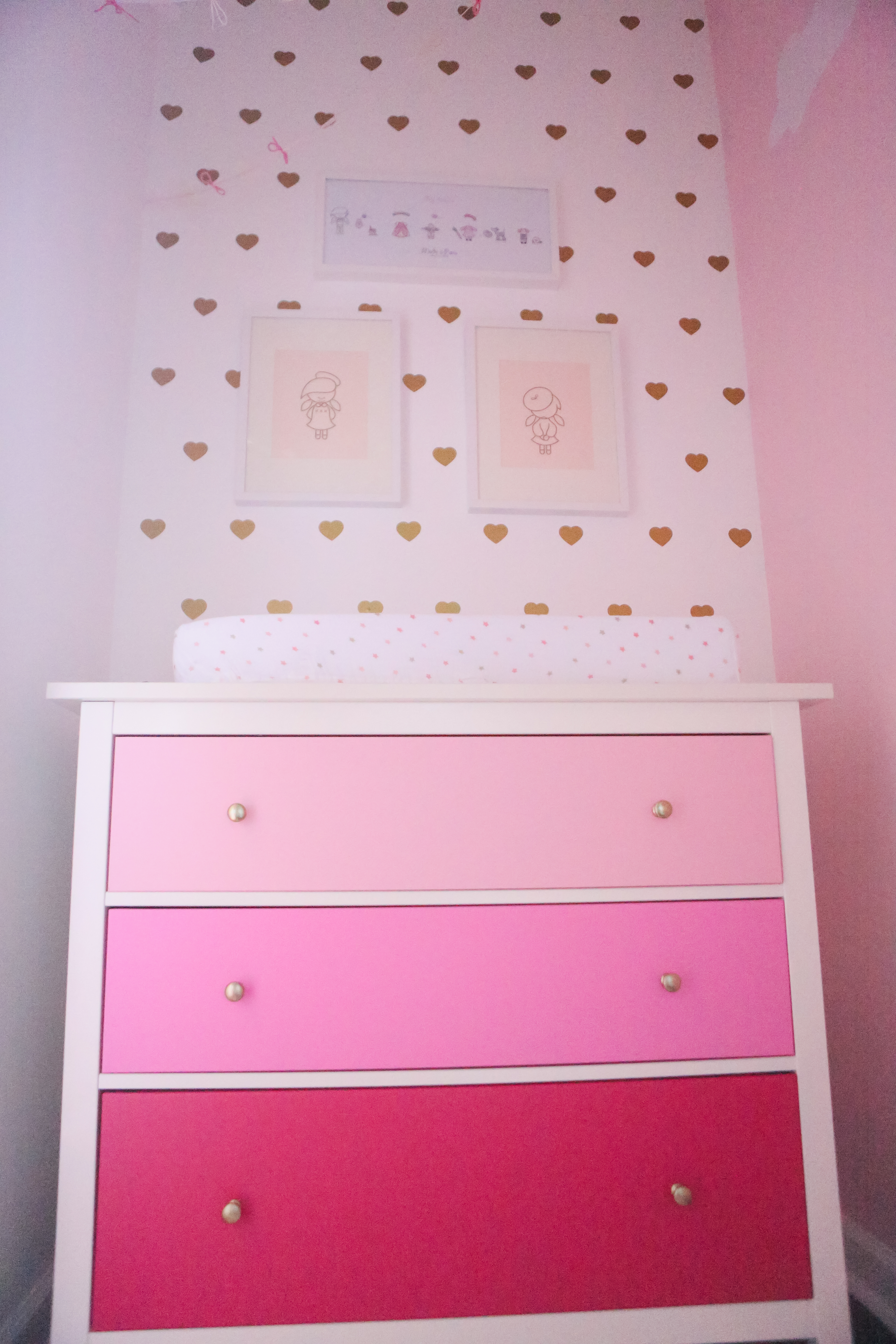 Pink Ombre Dresser and Gold Heart Wall Decals on the Wall