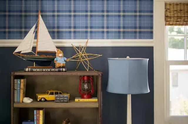 Toddler Room with Blue Plaid Wallpaper