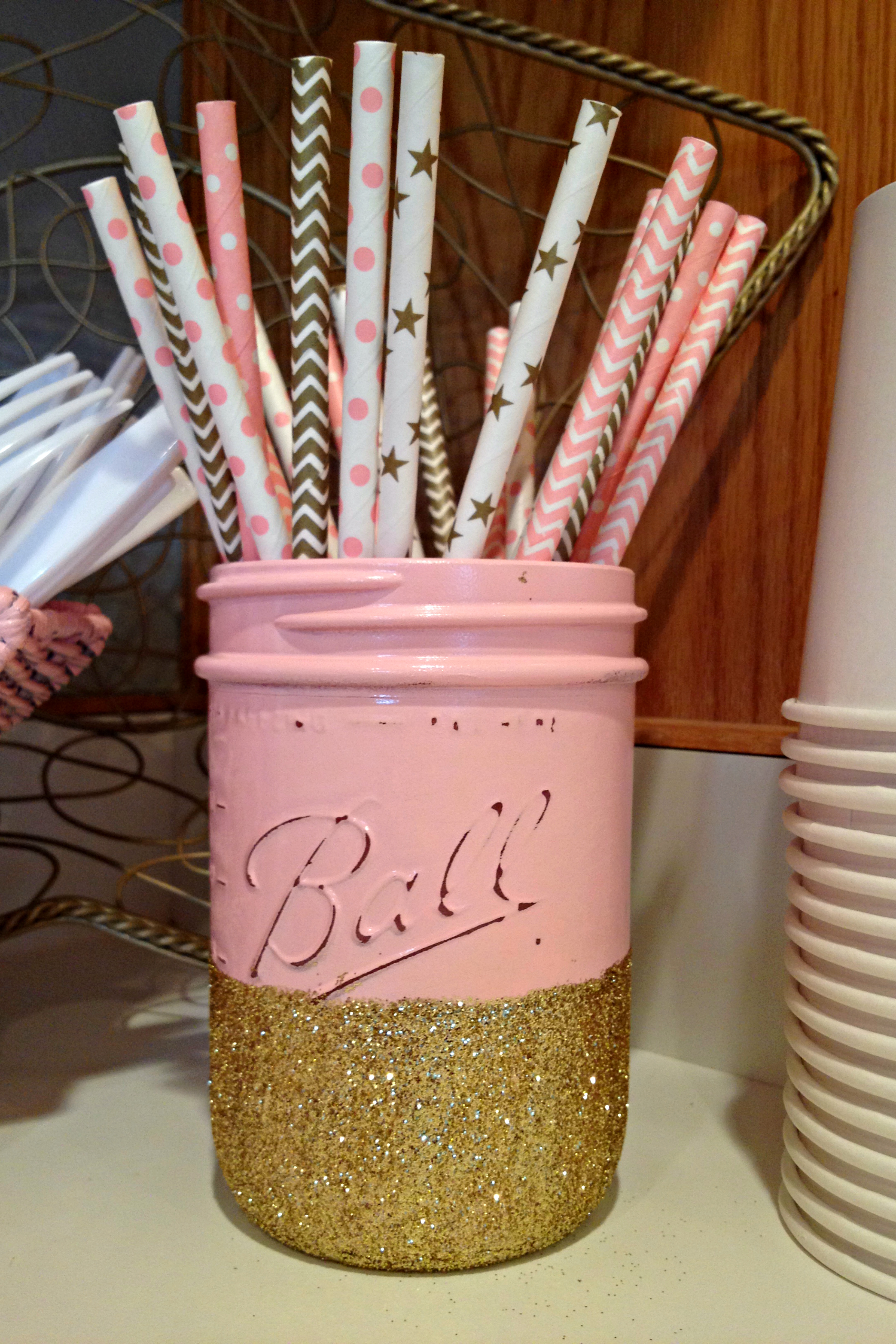 Pink and Gold Glitter Dipped Jar for Holding Straws