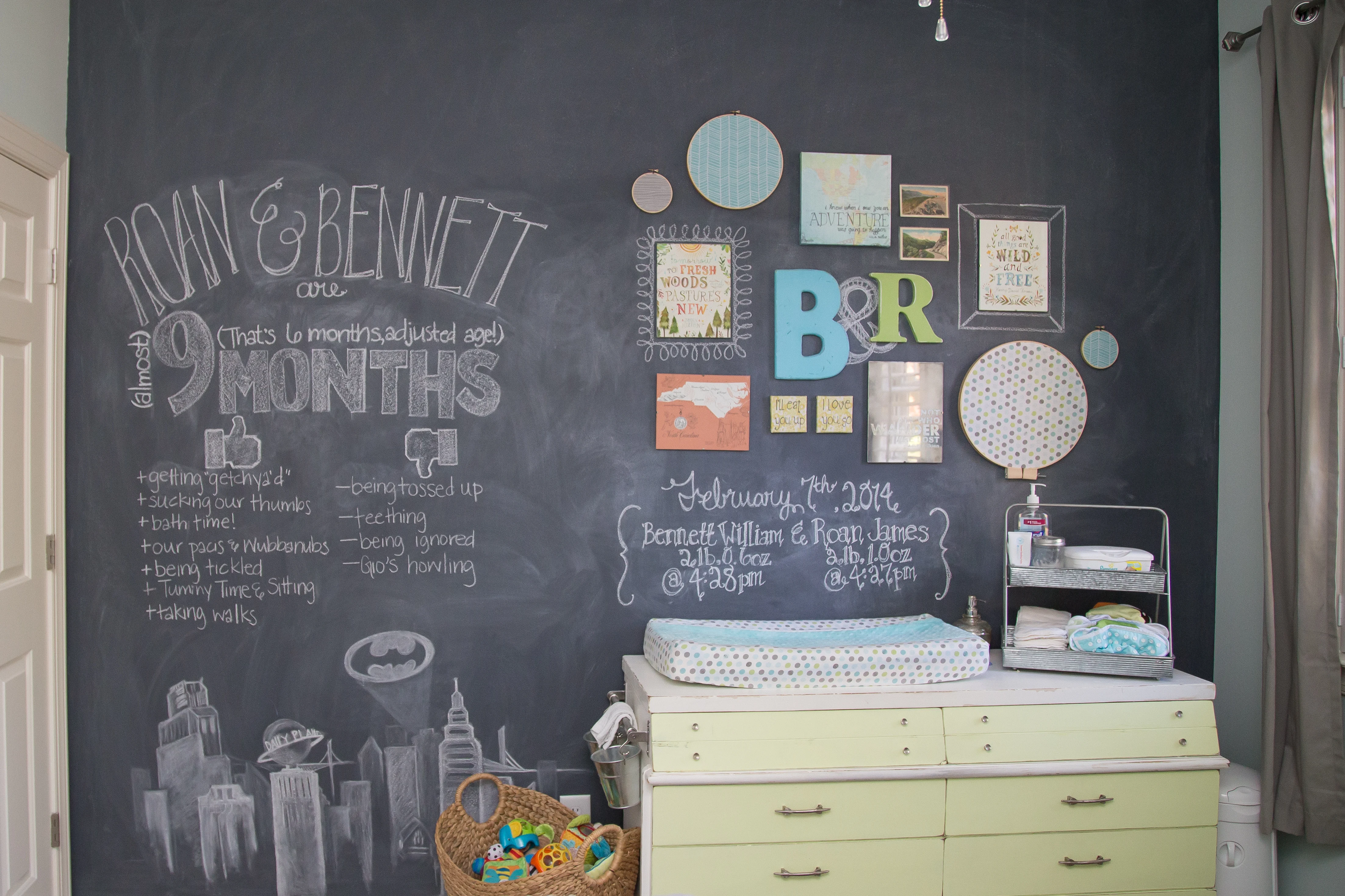 Custom-Tinted Chalkboard Wall in this Twin Boys Nursery