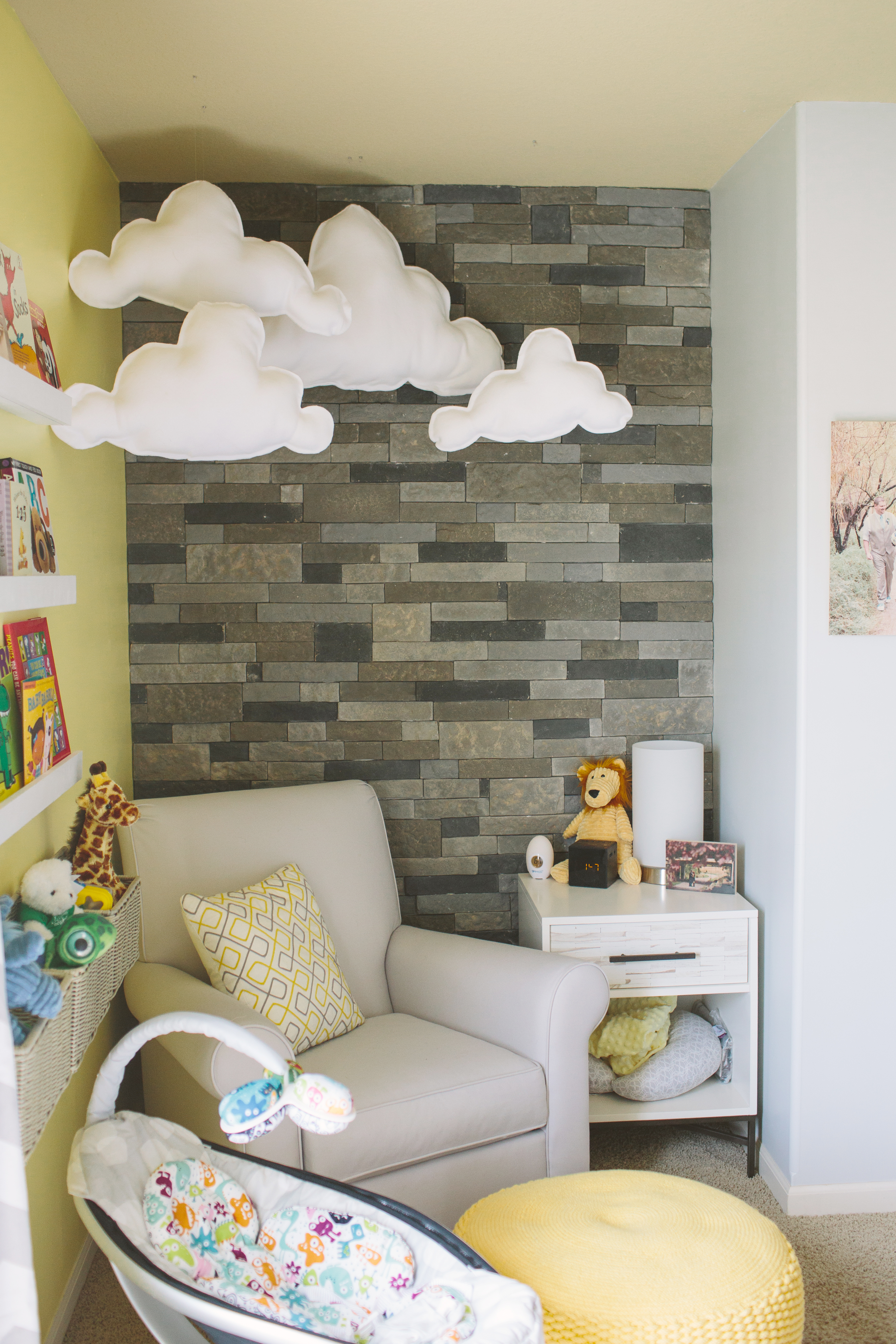 DIY Clouds and Stone Wall in this Cozy Nursery Nook