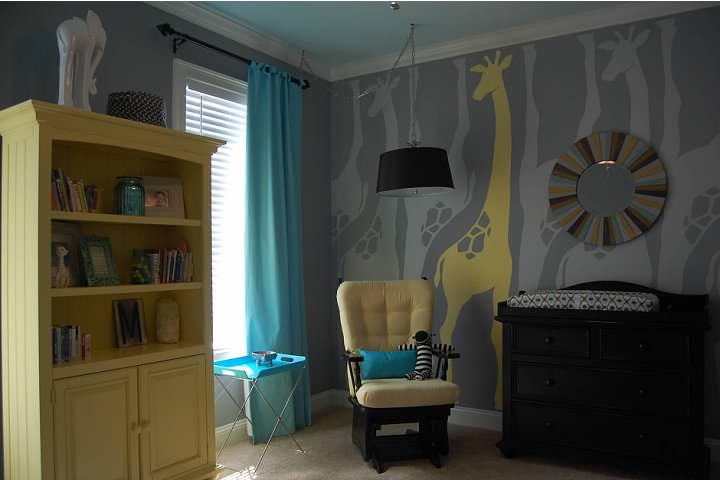 Yellow Painted Bookshelf in this Modern Safari Nursery