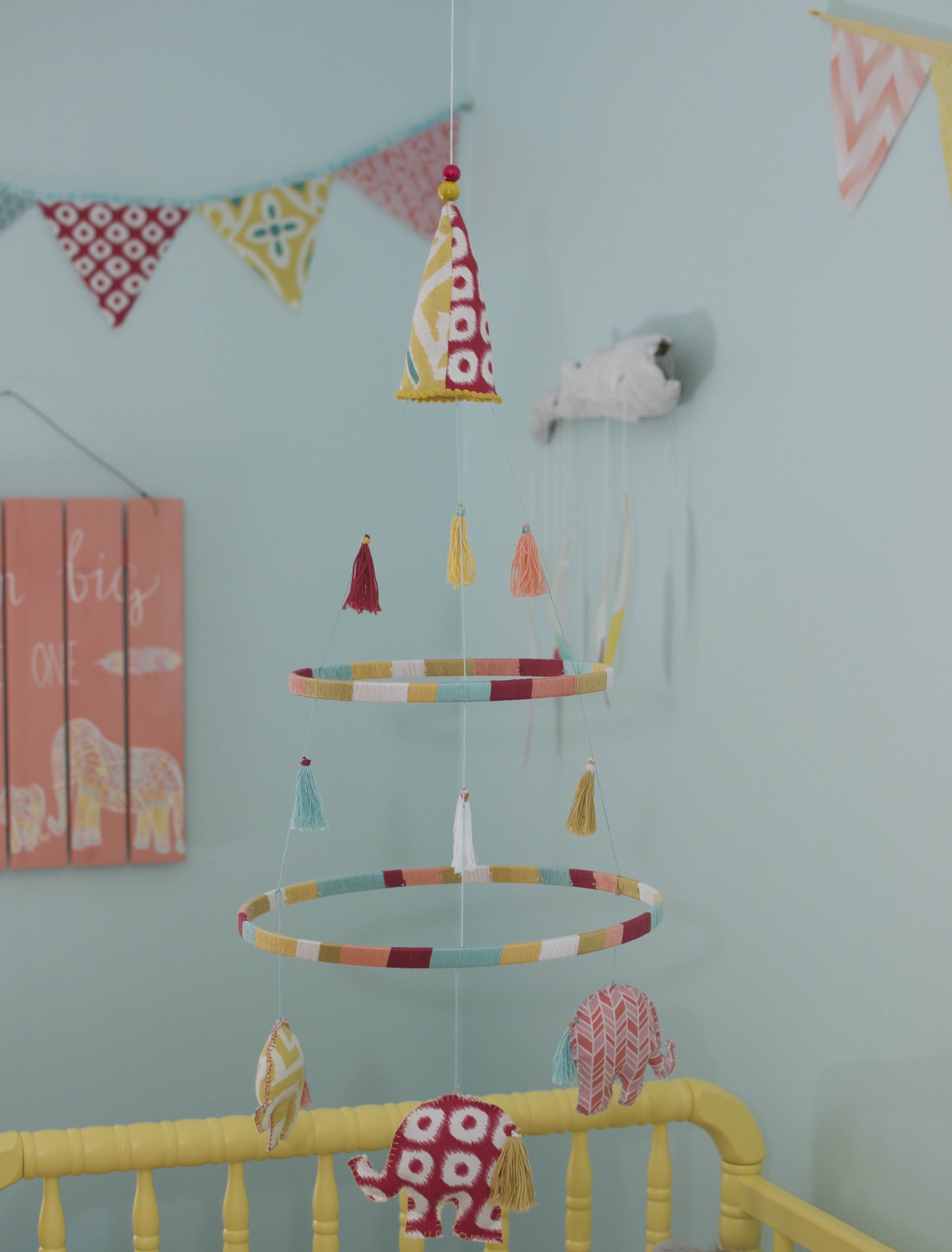 DIY Embroidery Hoop Mobile with Tassel and Sewed Elephants