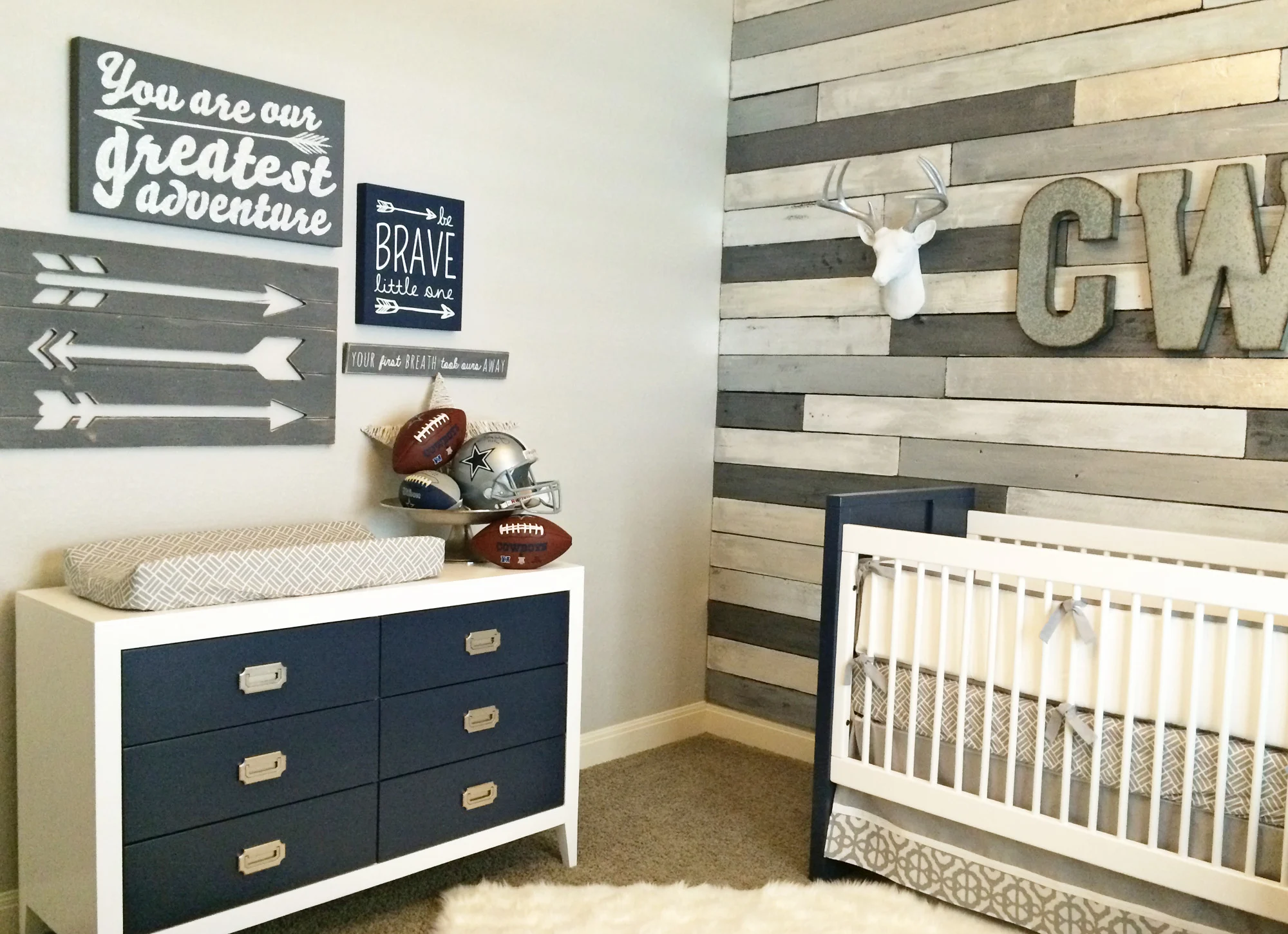 Navy and Gray Nursery with Wood Accent Wall