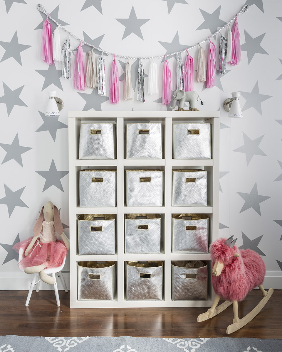 Metallic Storage Bins in this Lucky Star Playroom