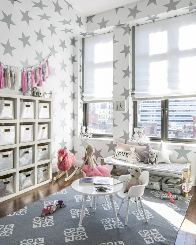 Modern Playroom with Gray Star Wallpaper - Project Nursery