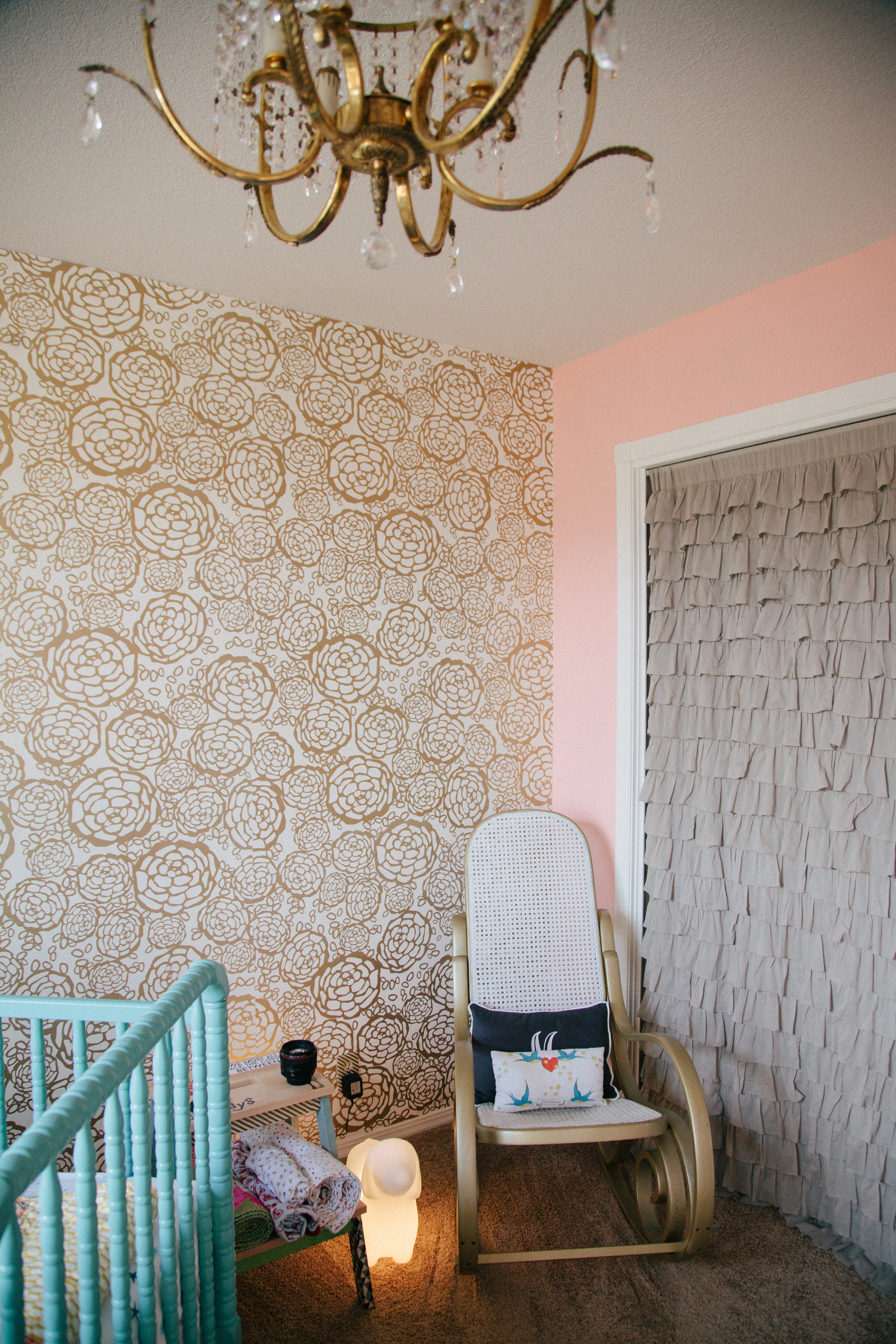 Gold Pedal Pusher Wallpaper Accent Wall in this Vintage Glam Nursery