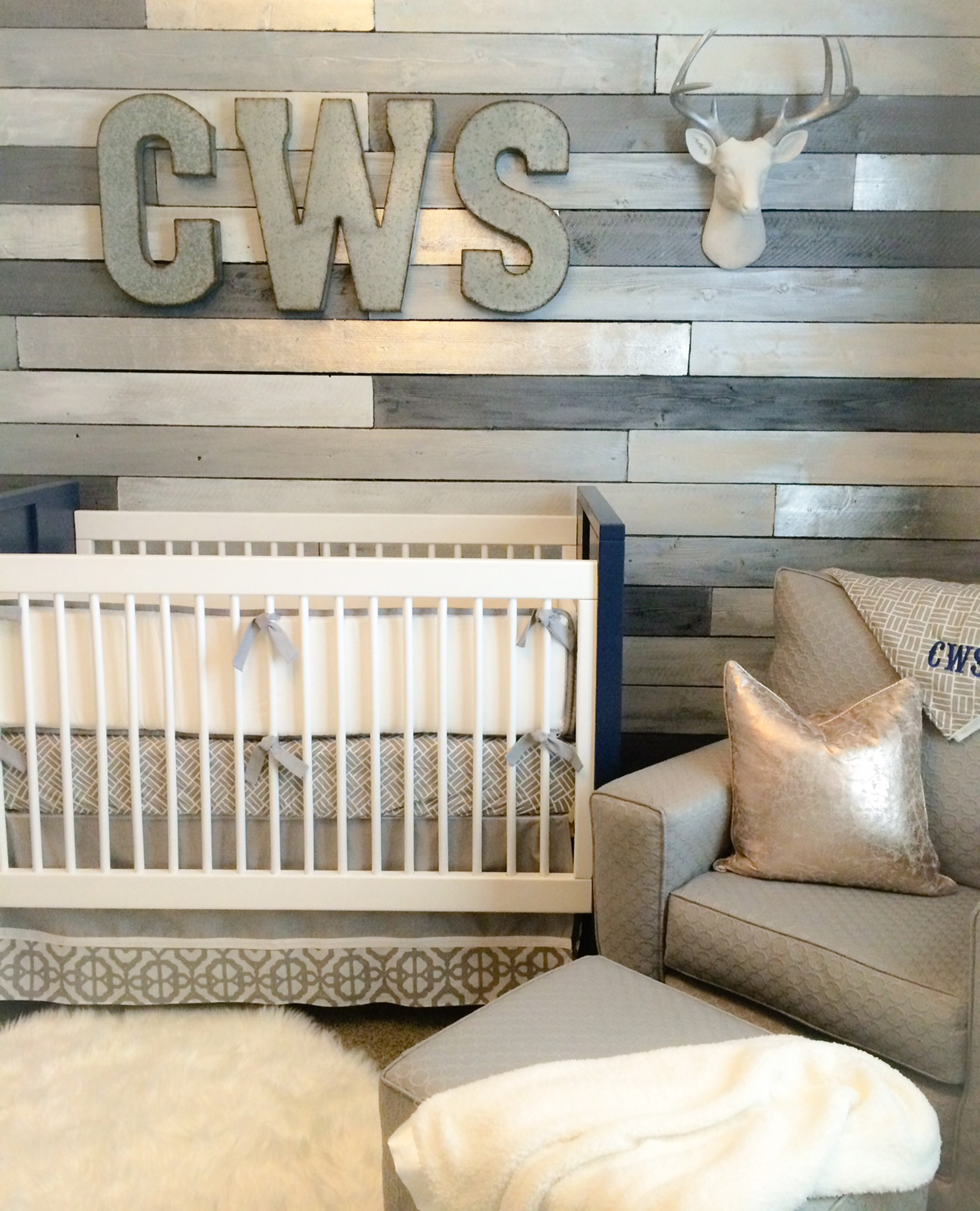 Metallic Wood Accent Wall in this Gray and Blue Nursery