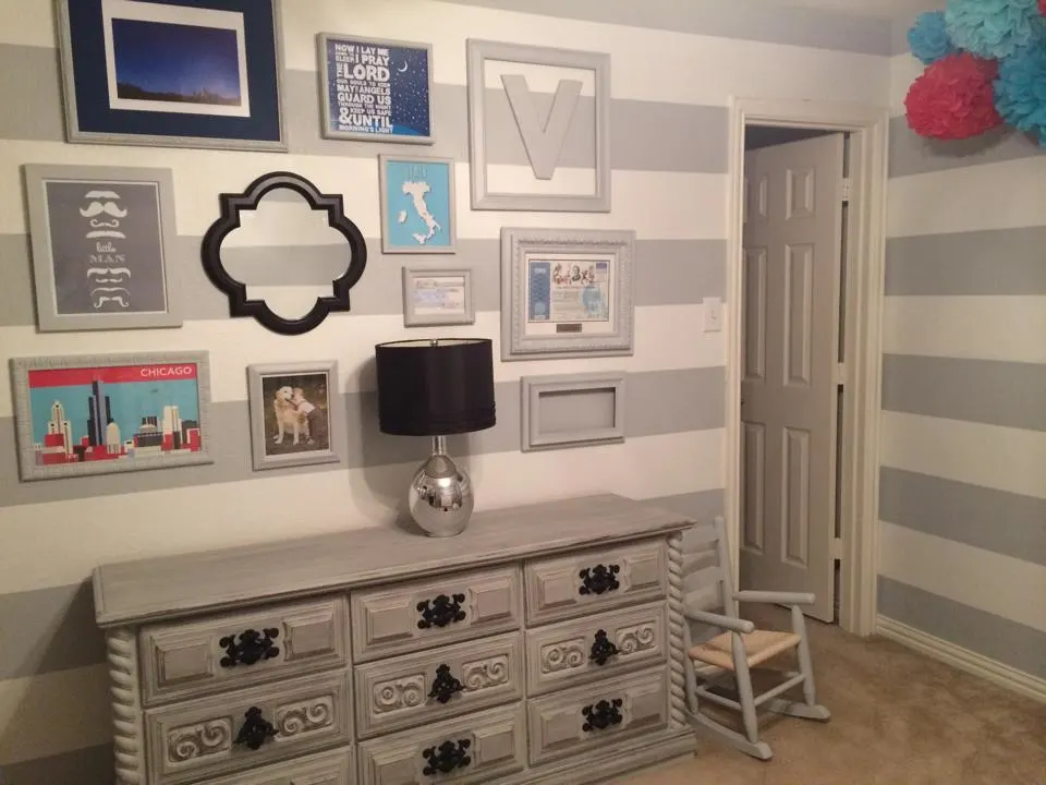 Vintage Dresser and Gallery Wall in this Gray and White Striped Nursery