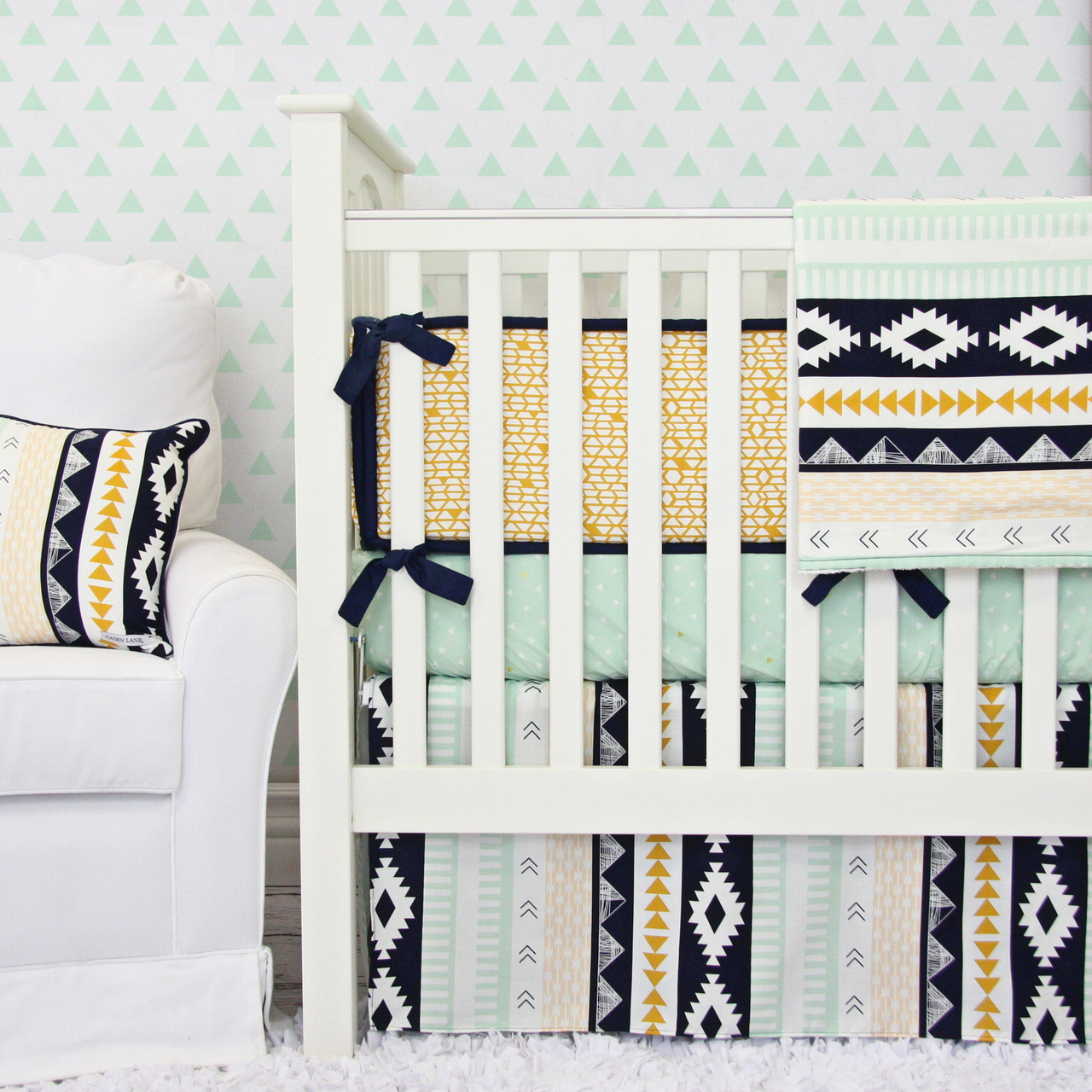 Gold and Mint Aztec Crib Bedding from Caden Lane